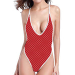 Red And White Polka Dot Print One Piece High Cut Swimsuit
