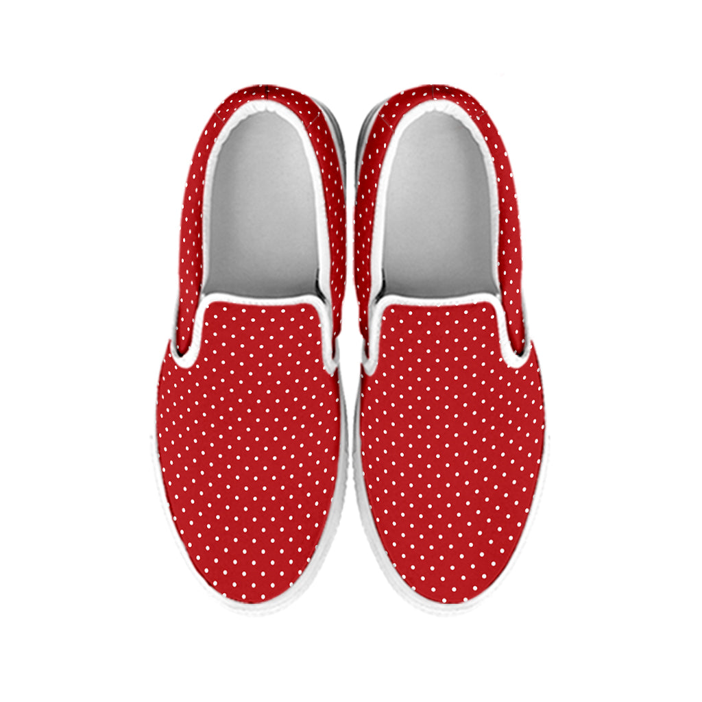 Red And White Polka Dot Print White Slip On Shoes