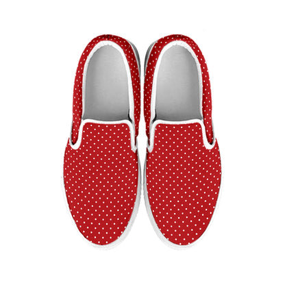 Red And White Polka Dot Print White Slip On Shoes