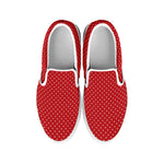 Red And White Polka Dot Print White Slip On Shoes
