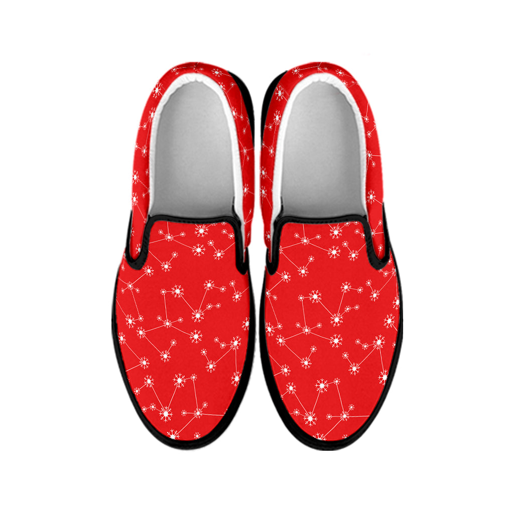 Red And White Snowflake Pattern Print Black Slip On Shoes