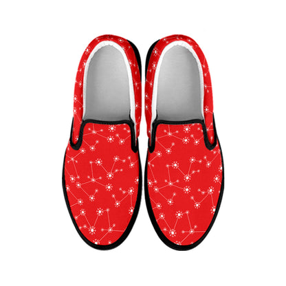 Red And White Snowflake Pattern Print Black Slip On Shoes