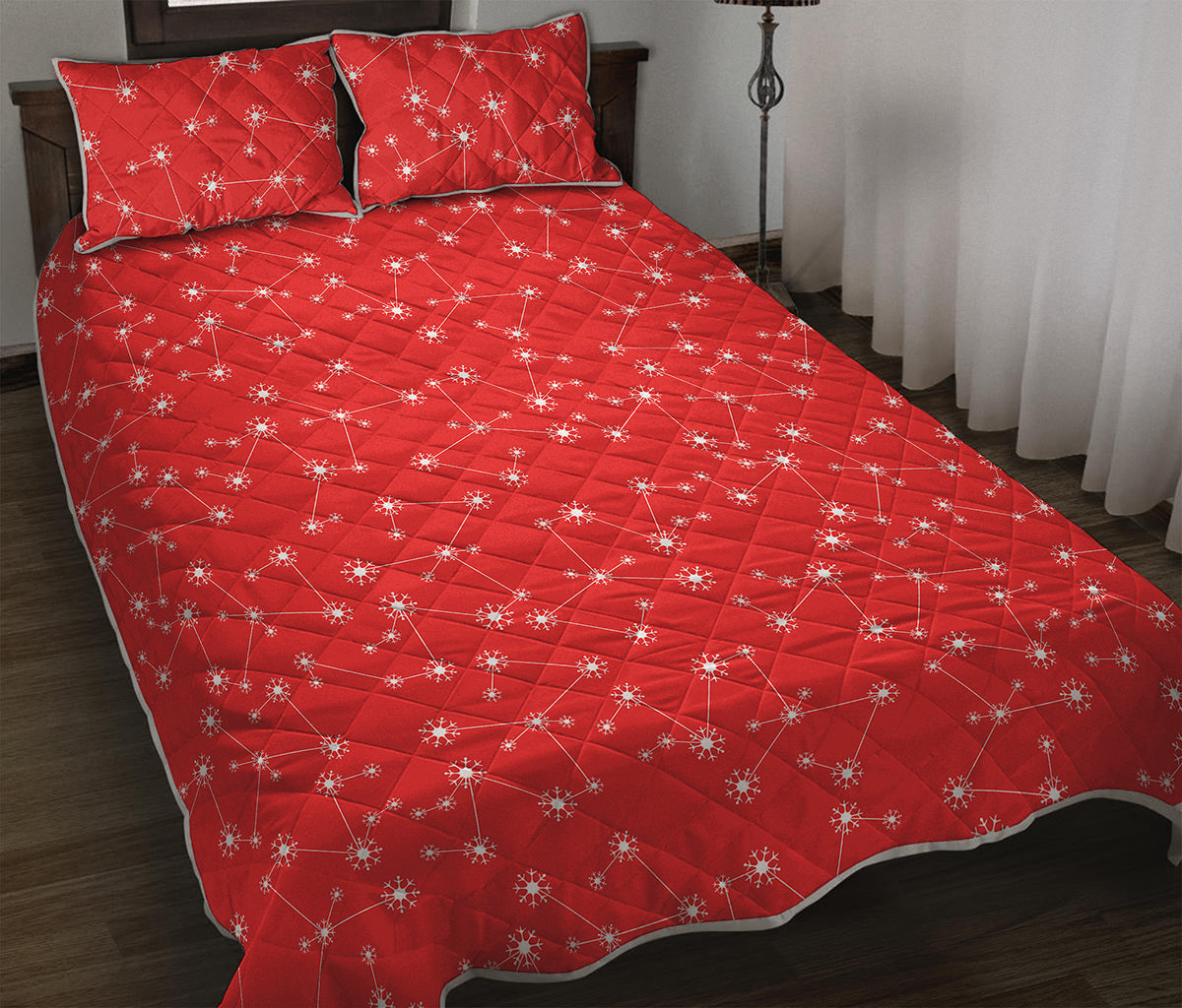 Red And White Snowflake Pattern Print Quilt Bed Set