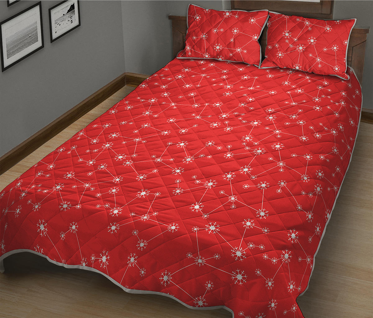 Red And White Snowflake Pattern Print Quilt Bed Set
