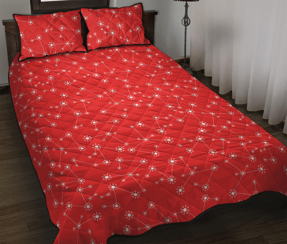 Red And White Snowflake Pattern Print Quilt Bed Set