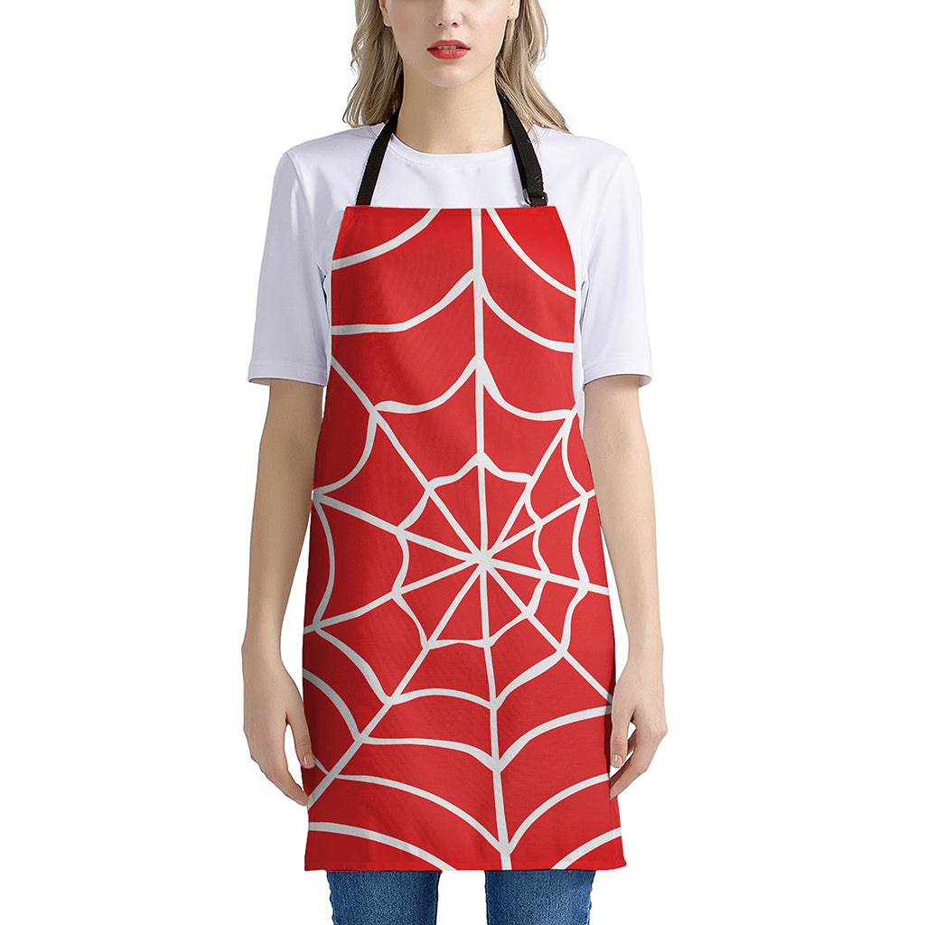 Red And White Spider Web Pattern Print Apron