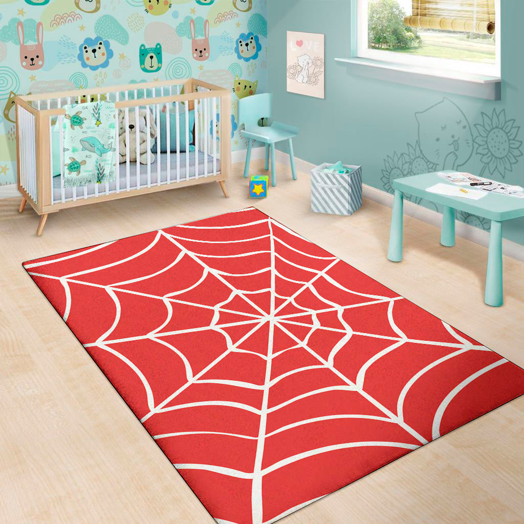 Red And White Spider Web Pattern Print Area Rug