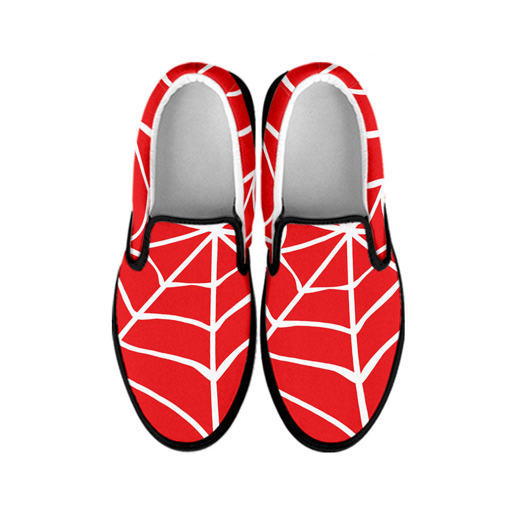 Red And White Spider Web Pattern Print Black Slip On Shoes