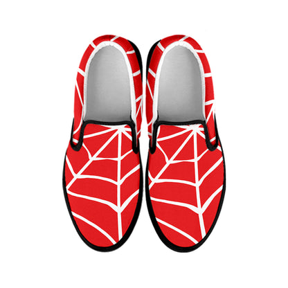 Red And White Spider Web Pattern Print Black Slip On Shoes