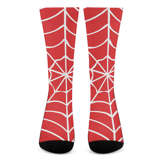 Red And White Spider Web Pattern Print Crew Socks