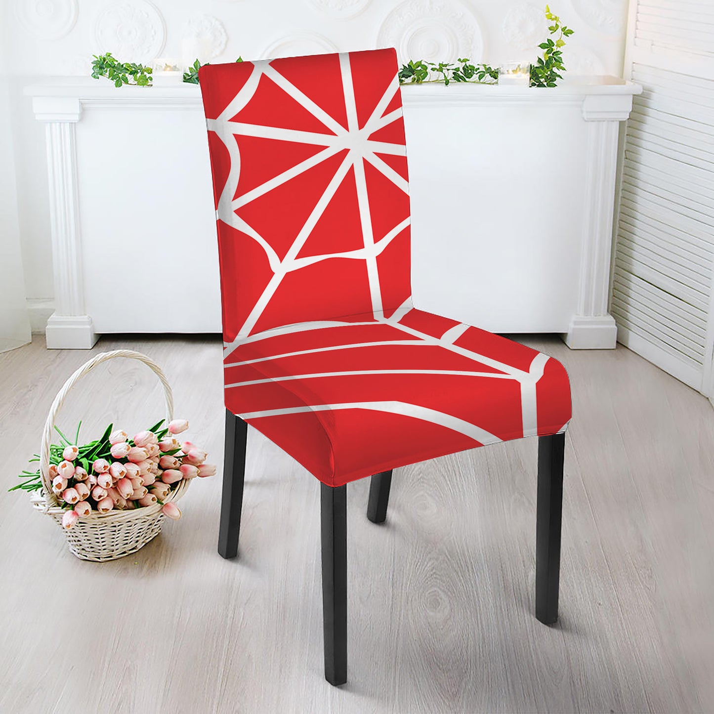 Red And White Spider Web Pattern Print Dining Chair Slipcover