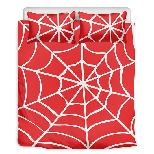 Red And White Spider Web Pattern Print Duvet Cover Bedding Set