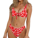 Red And White Spider Web Pattern Print Front Bow Tie Bikini