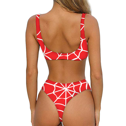 Red And White Spider Web Pattern Print Front Bow Tie Bikini