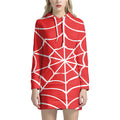 Red And White Spider Web Pattern Print Pullover Hoodie Dress
