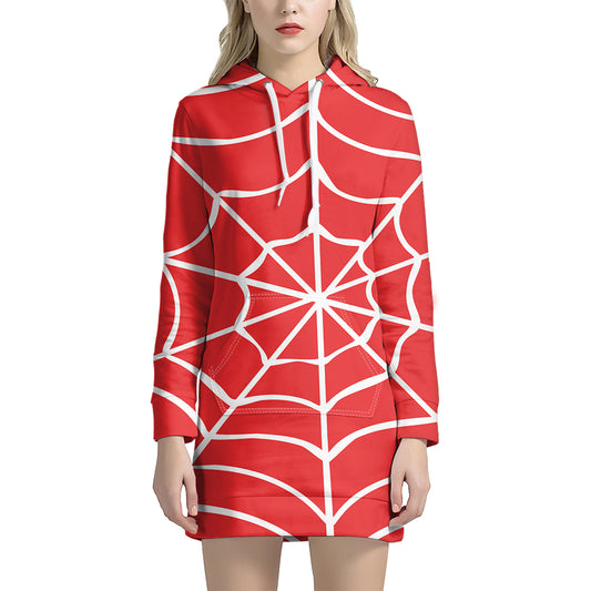 Red And White Spider Web Pattern Print Hoodie Dress