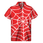 Red And White Spider Web Pattern Print Men's Short Sleeve Shirt