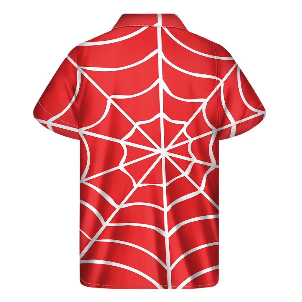 Red And White Spider Web Pattern Print Men's Short Sleeve Shirt