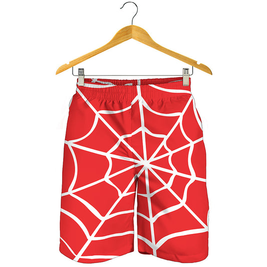 Red And White Spider Web Pattern Print Men's Shorts