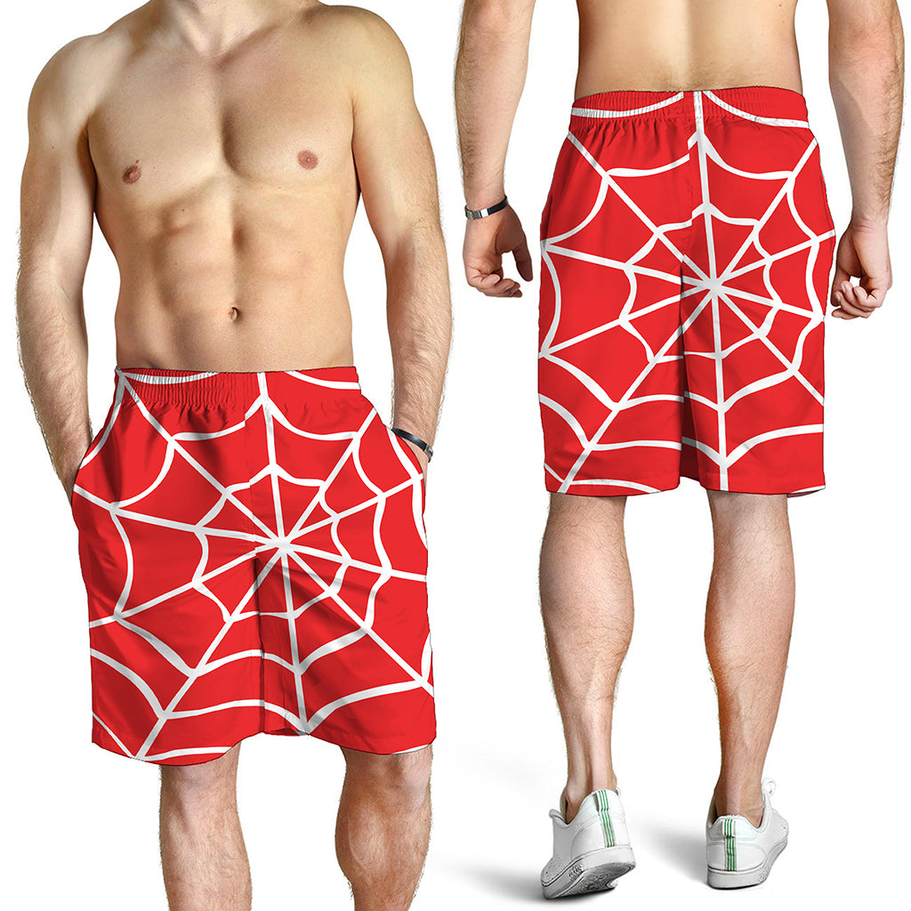Red And White Spider Web Pattern Print Men's Shorts