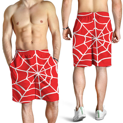 Red And White Spider Web Pattern Print Men's Shorts