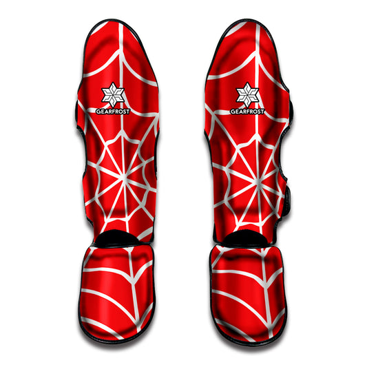 Red And White Spider Web Pattern Print Muay Thai Shin Guard