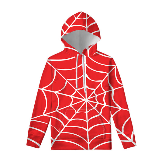 Red And White Spider Web Pattern Print Pullover Hoodie
