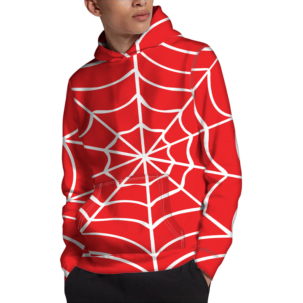 Red And White Spider Web Pattern Print Pullover Hoodie