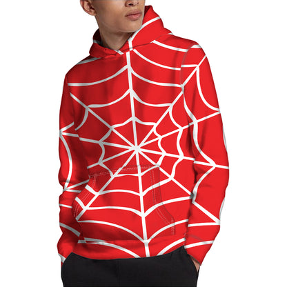 Red And White Spider Web Pattern Print Pullover Hoodie