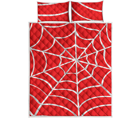 Red And White Spider Web Pattern Print Quilt Bed Set