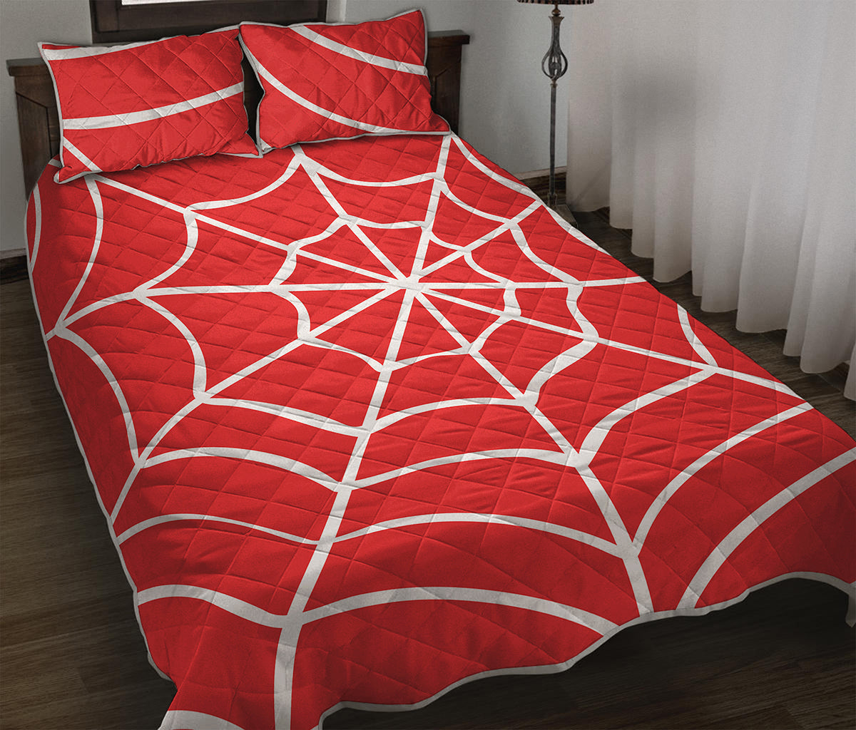 Red And White Spider Web Pattern Print Quilt Bed Set