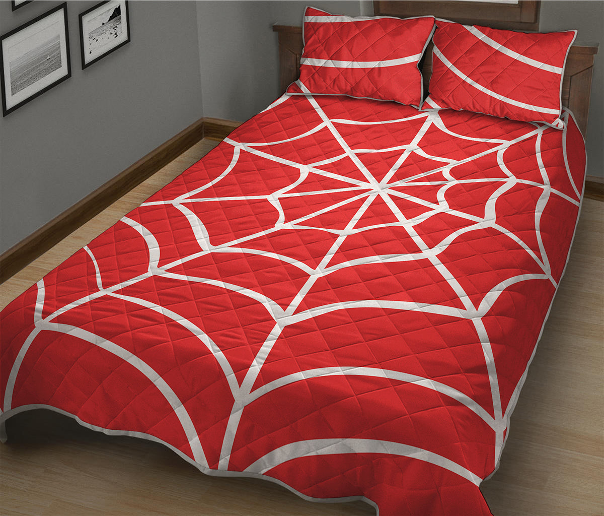 Red And White Spider Web Pattern Print Quilt Bed Set
