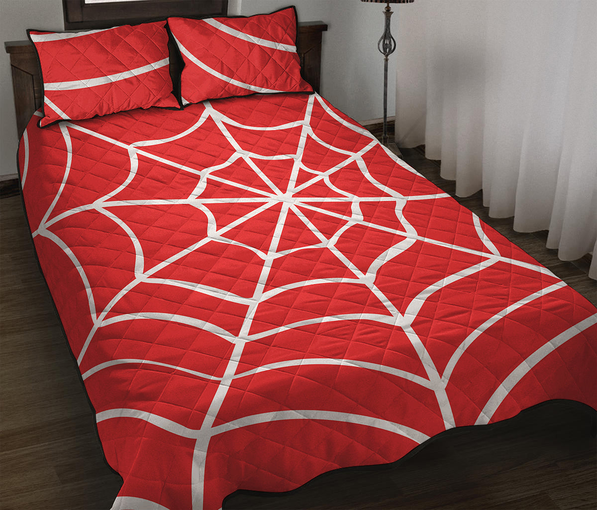 Red And White Spider Web Pattern Print Quilt Bed Set