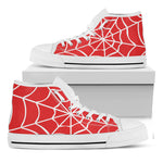 Red And White Spider Web Pattern Print White High Top Shoes