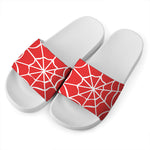 Red And White Spider Web Pattern Print White Slide Sandals