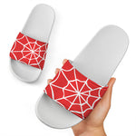 Red And White Spider Web Pattern Print White Slide Sandals