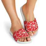 Red And White Spider Web Pattern Print White Slide Sandals