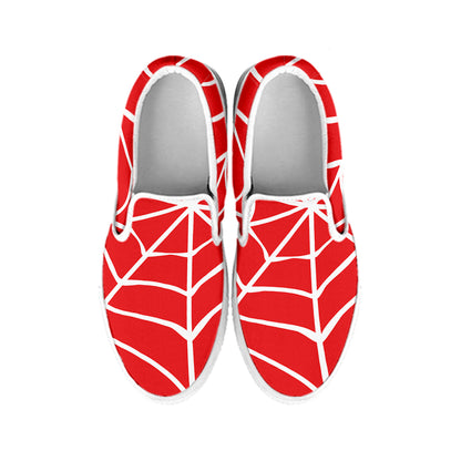 Red And White Spider Web Pattern Print White Slip On Shoes