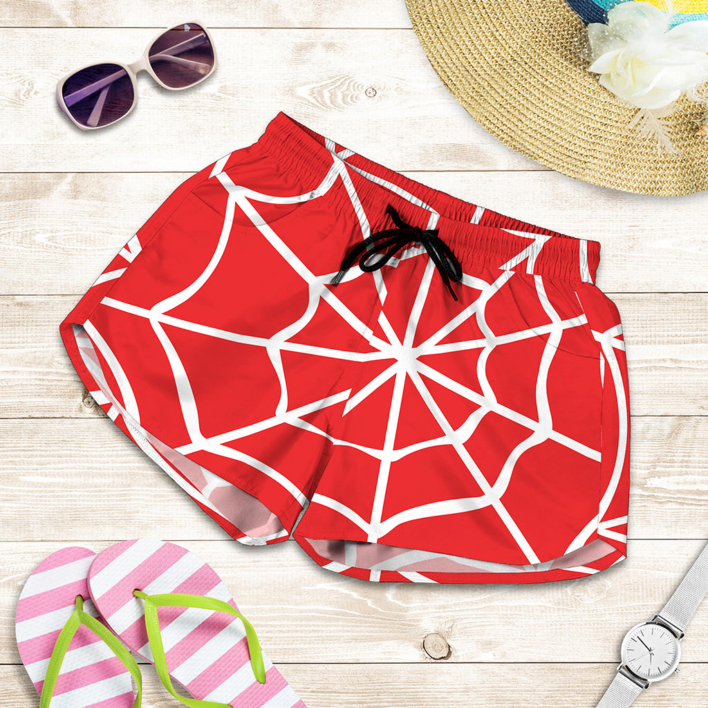 Red And White Spider Web Pattern Print Women's Shorts