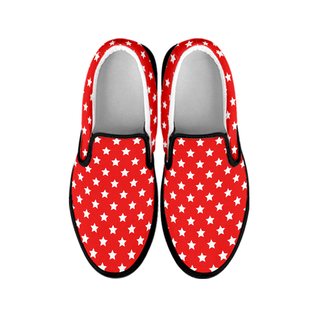 Red And White Star Pattern Print Black Slip On Shoes