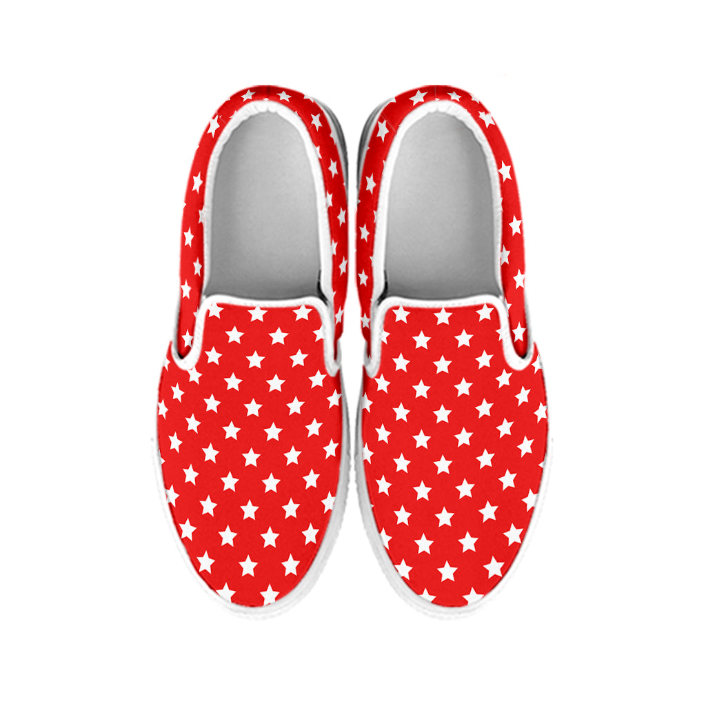 Red And White Star Pattern Print White Slip On Shoes