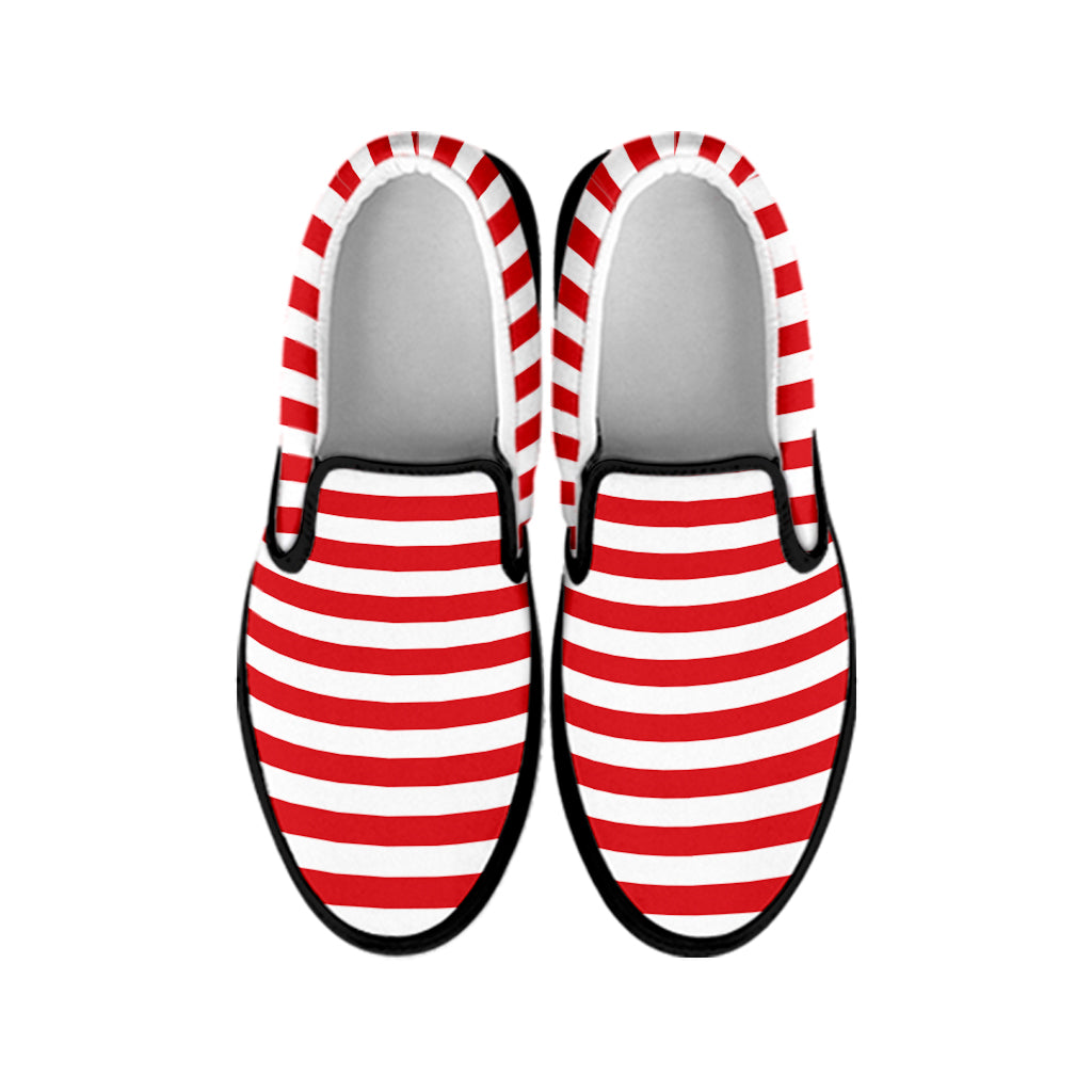 Red And White Striped Pattern Print Black Slip On Shoes
