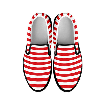 Red And White Striped Pattern Print Black Slip On Shoes