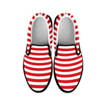 Red And White Striped Pattern Print Black Slip On Shoes