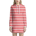 Red And White Striped Pattern Print Pullover Hoodie Dress