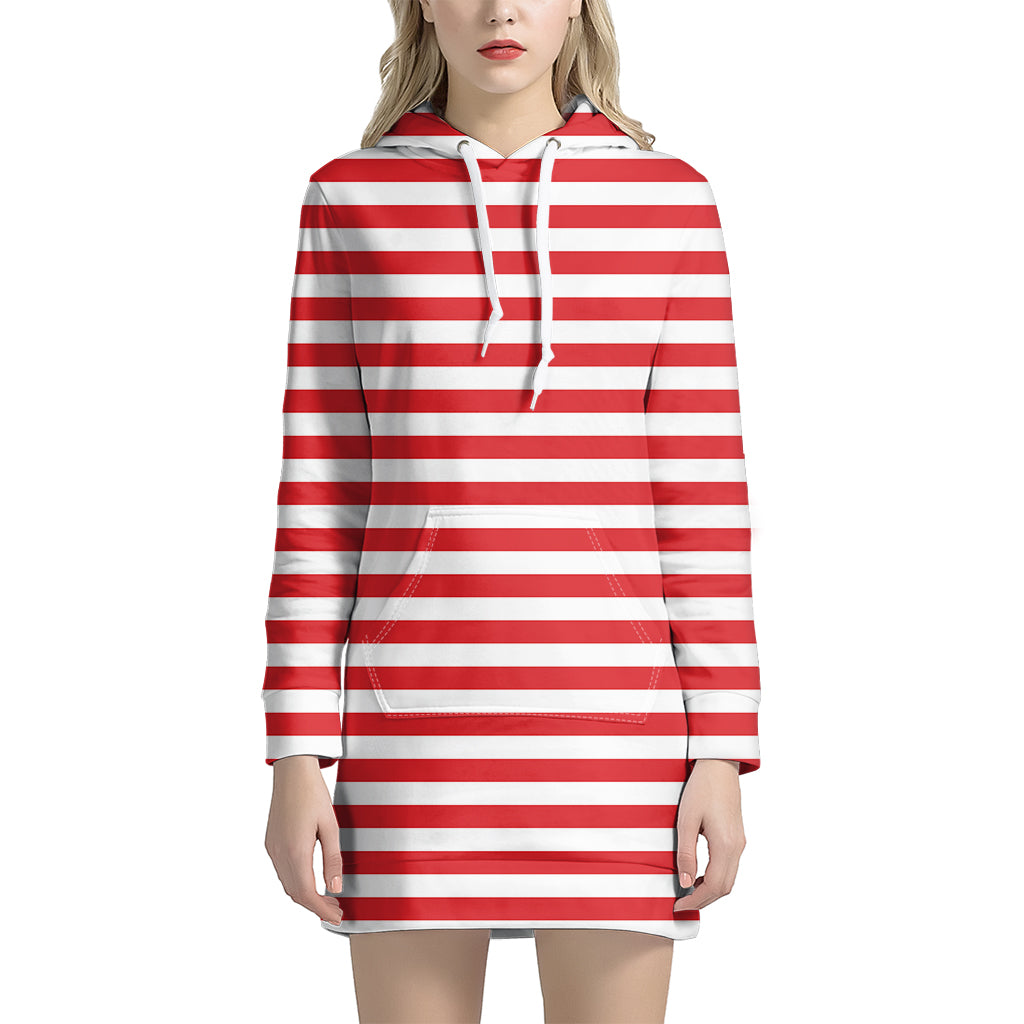 Red And White Striped Pattern Print Hoodie Dress