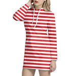 Red And White Striped Pattern Print Hoodie Dress
