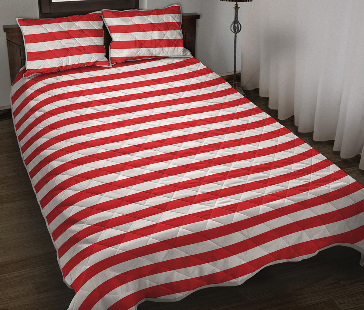 Red And White Striped Pattern Print Quilt Bed Set
