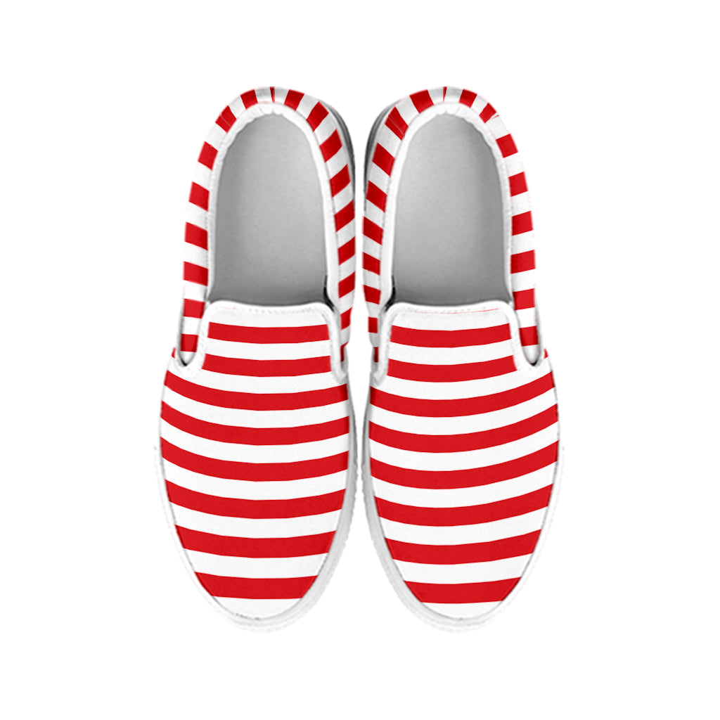 Red And White Striped Pattern Print White Slip On Shoes