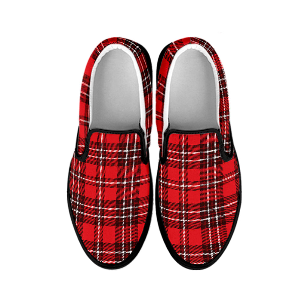 Red And White Tartan Pattern Print Black Slip On Shoes
